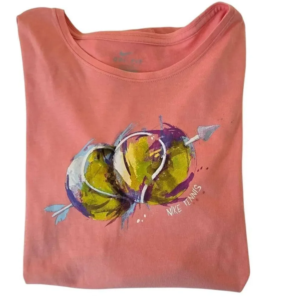 Nike Womens Dri Fit Long Sleeve Peach Tennis Ball Graphic Tee Shirt Large